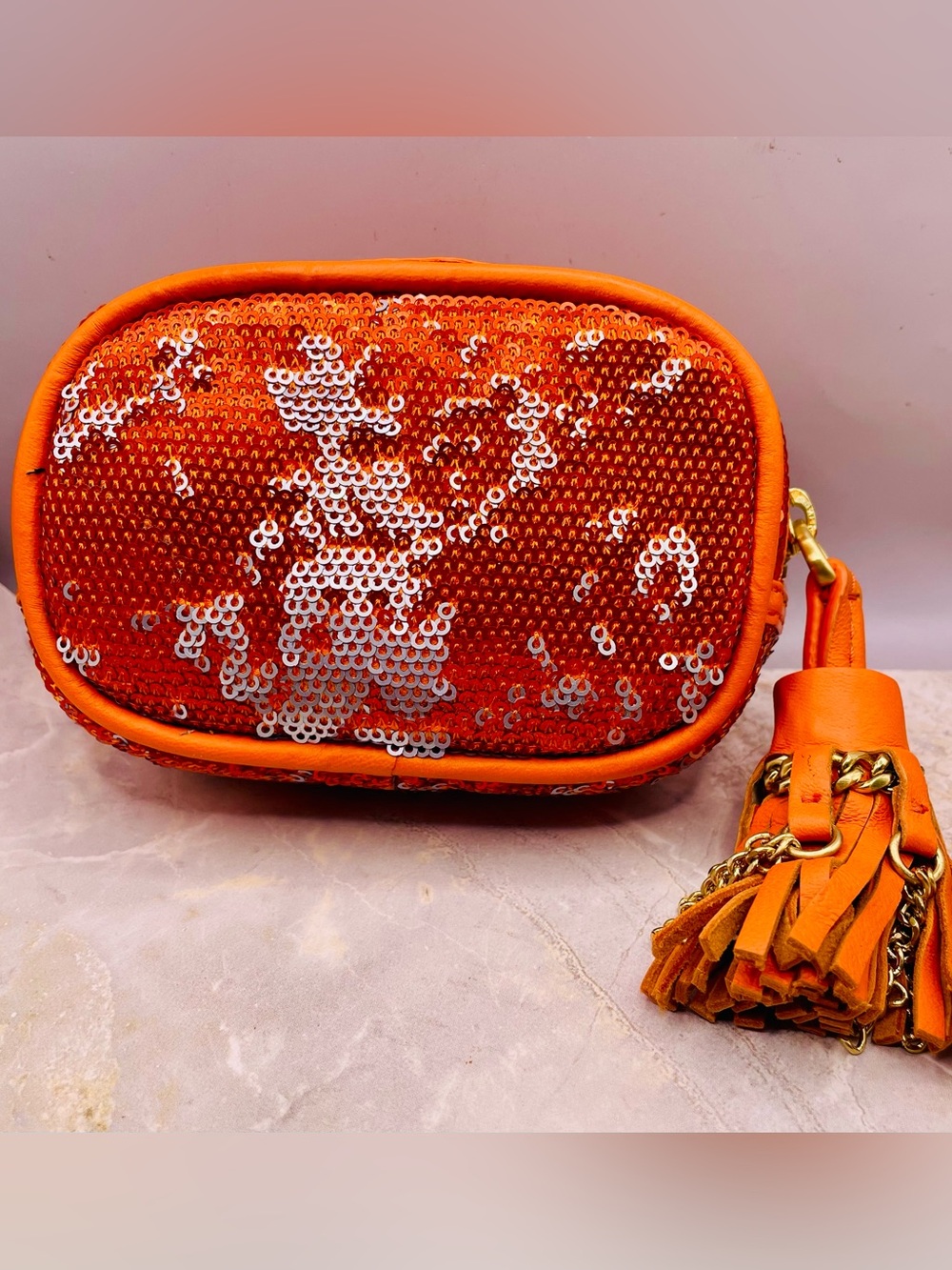 orYANY Orange & Silver Sequin Small Leather Pouch Clutch with Tassel. Purse